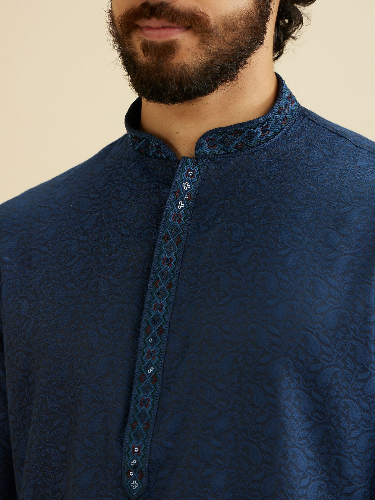 Manyavar Men French Navy Blue Self Textured Kurta Set with Sequinned Neckline
