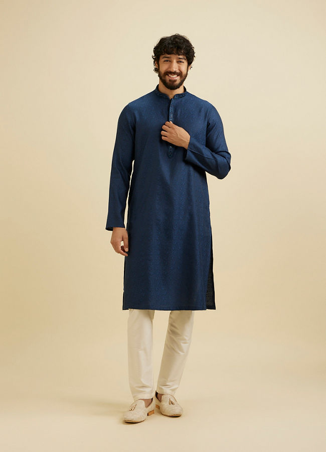 Manyavar Men French Navy Blue Self Textured Kurta Set with Sequinned Neckline
