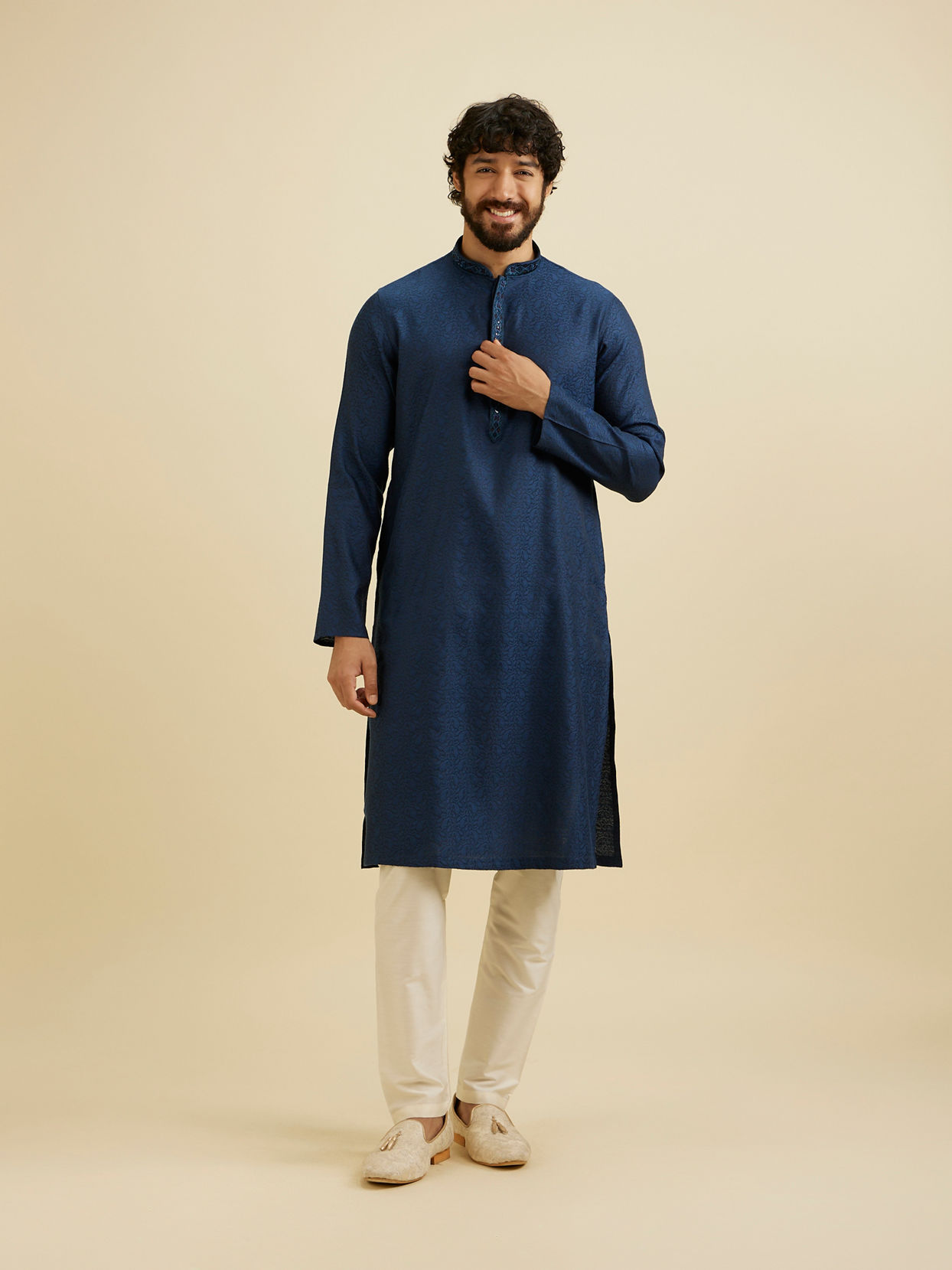 Manyavar Men French Navy Blue Self Textured Kurta Set with Sequinned Neckline