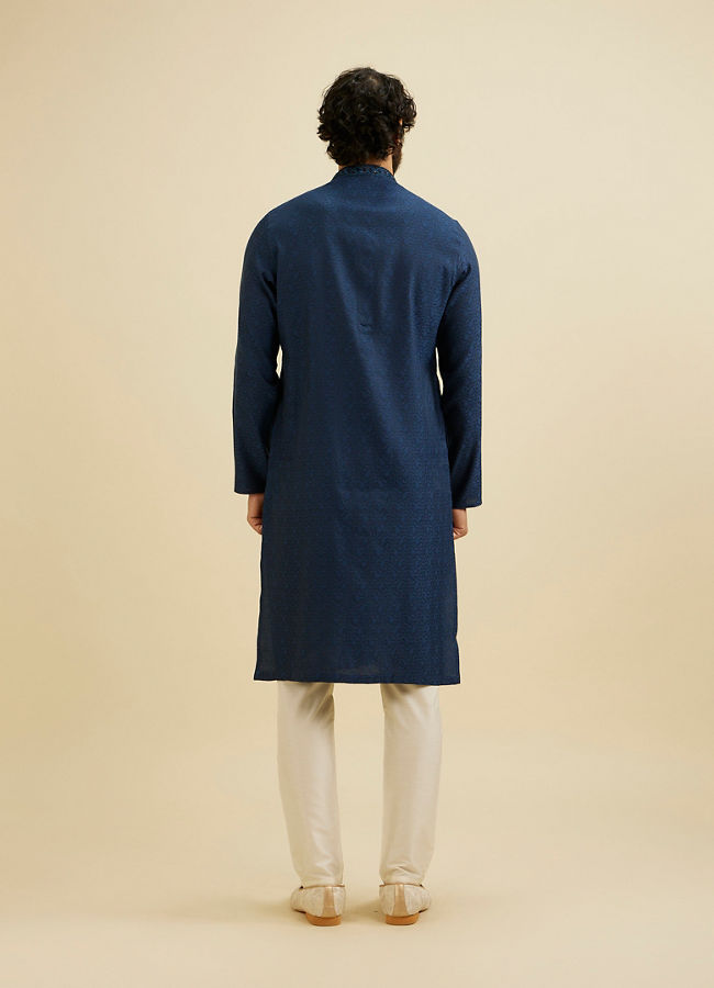 Manyavar Men French Navy Blue Self Textured Kurta Set with Sequinned Neckline