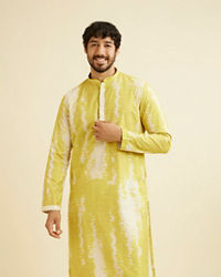 Manyavar Men Mustard Yellow Chikankari Patterned Kurta Set with Tie Dye Print