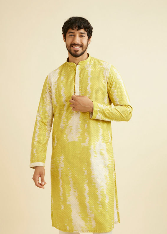 Manyavar Men Mustard Yellow Chikankari Patterned Kurta Set with Tie Dye Print
