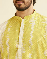 Manyavar Men Mustard Yellow Chikankari Patterned Kurta Set with Tie Dye Print
