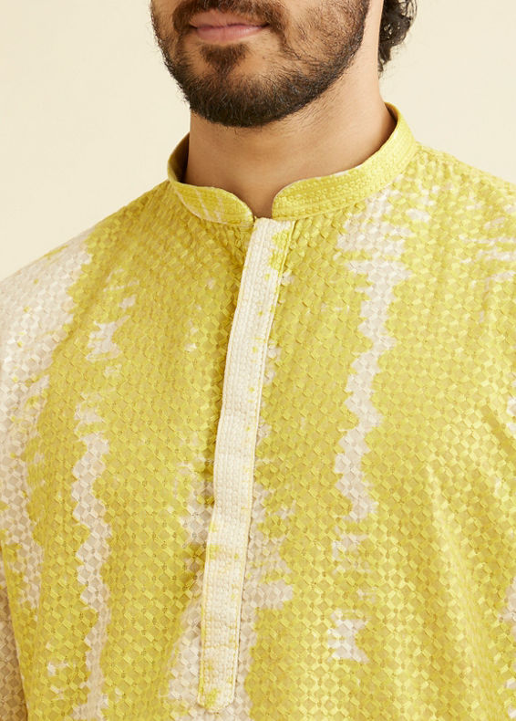 Manyavar Men Mustard Yellow Chikankari Patterned Kurta Set with Tie Dye Print