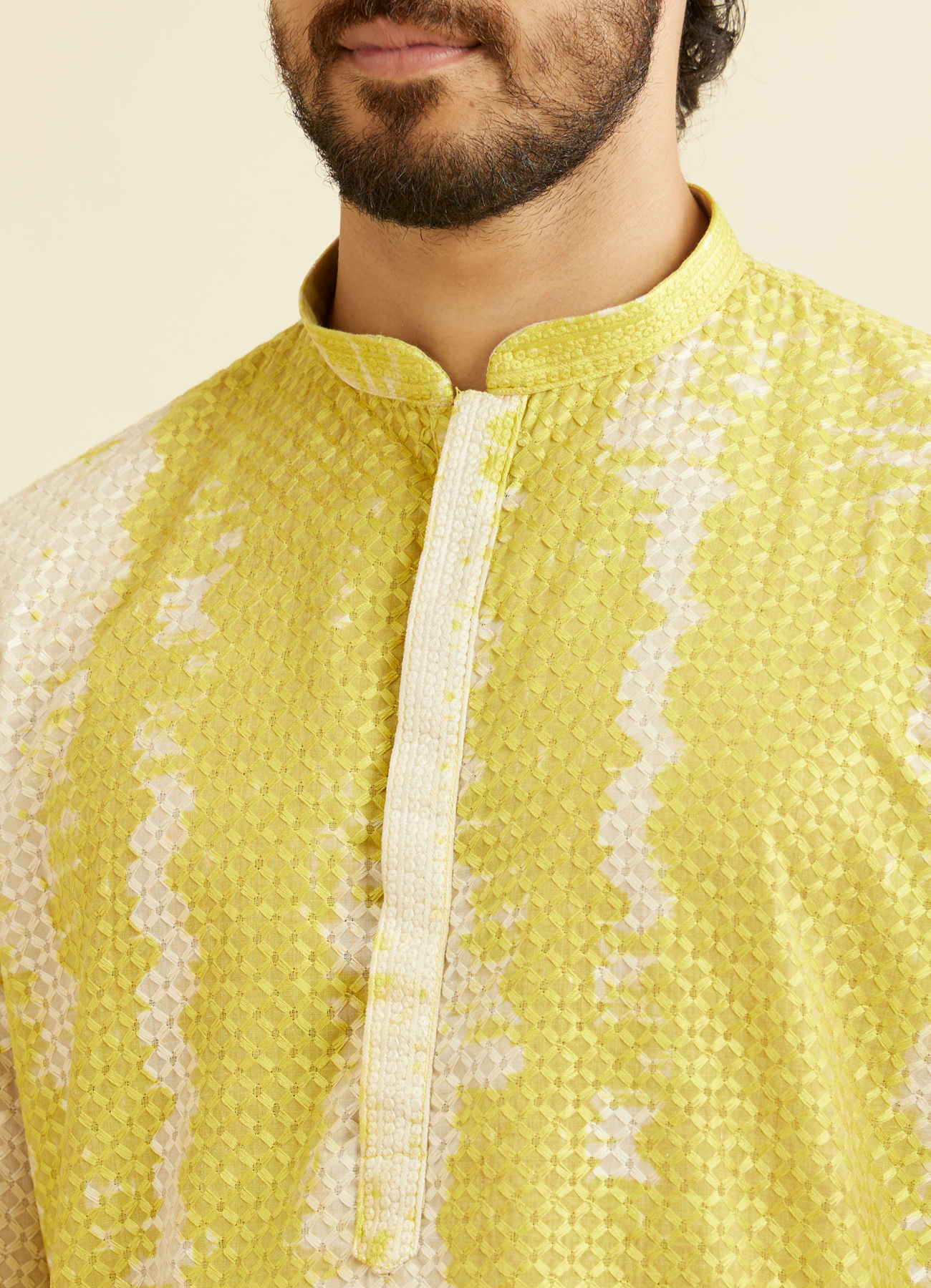 Manyavar Men Mustard Yellow Chikankari Patterned Kurta Set with Tie Dye Print