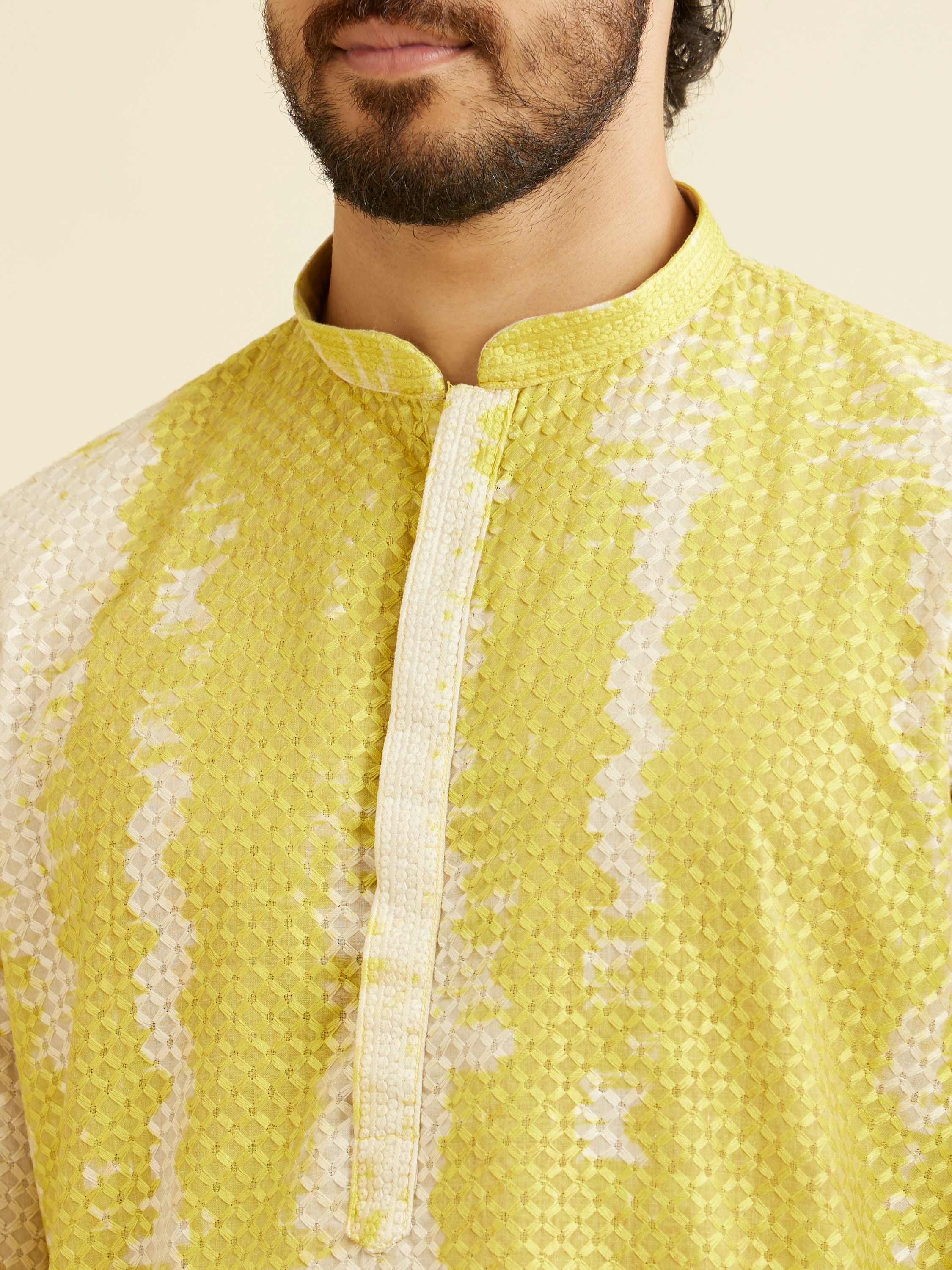 Manyavar Men Mustard Yellow Chikankari Patterned Kurta Set with Tie Dye Print