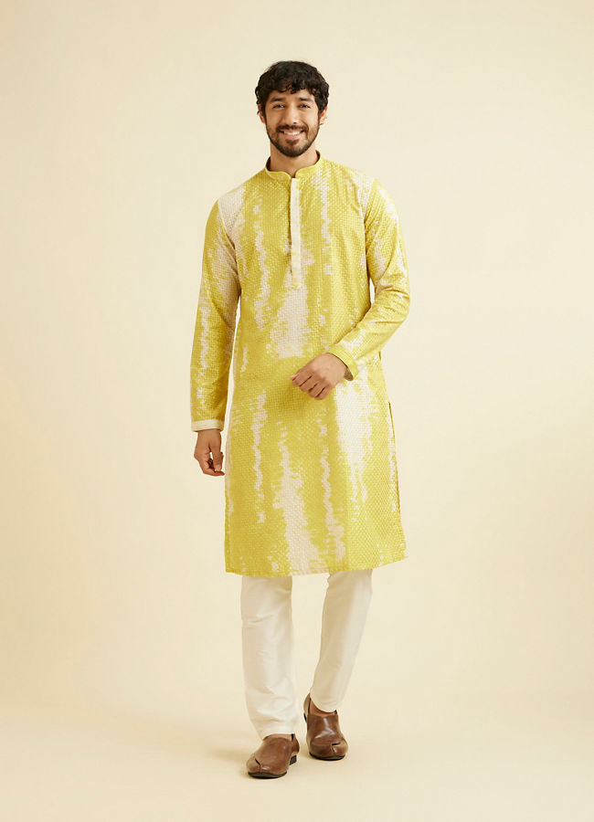 Manyavar Men Mustard Yellow Chikankari Patterned Kurta Set with Tie Dye Print