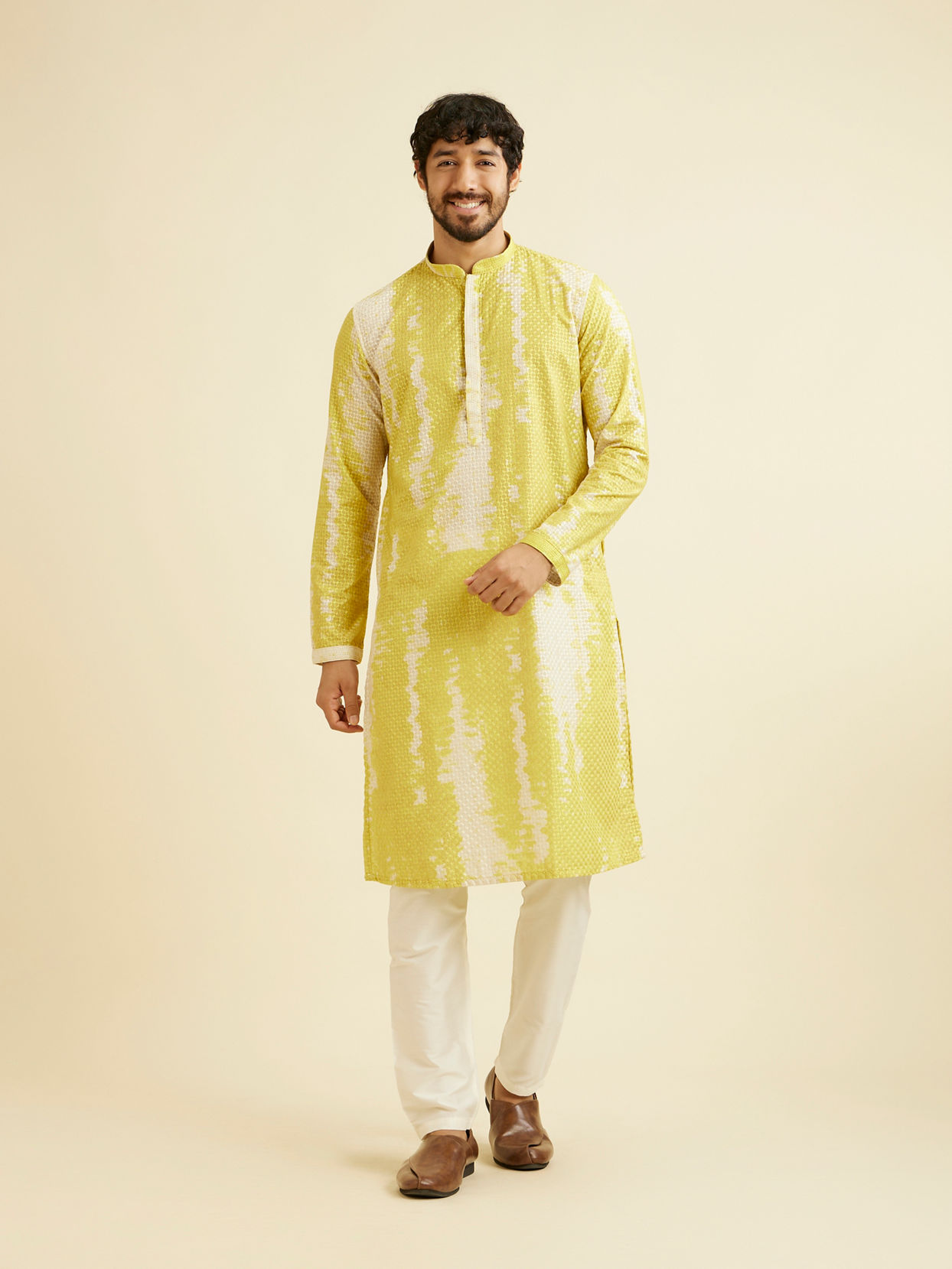 Manyavar Men Mustard Yellow Chikankari Patterned Kurta Set with Tie Dye Print