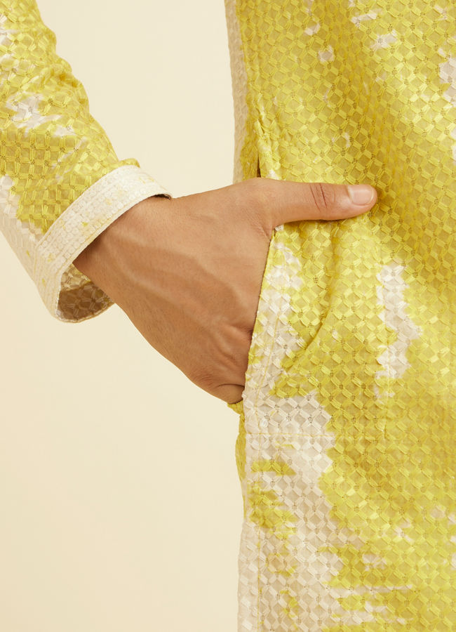 Manyavar Men Mustard Yellow Chikankari Patterned Kurta Set with Tie Dye Print