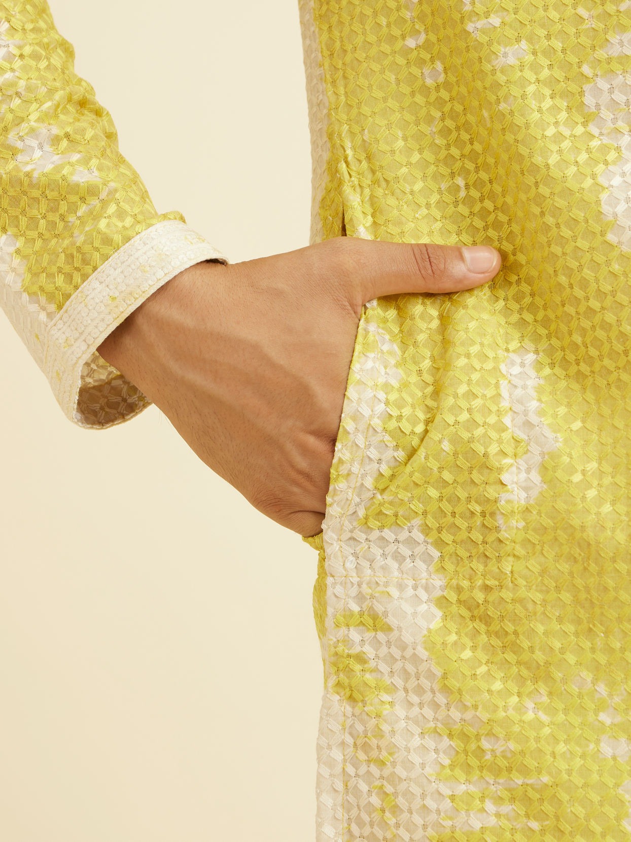 Manyavar Men Mustard Yellow Chikankari Patterned Kurta Set with Tie Dye Print