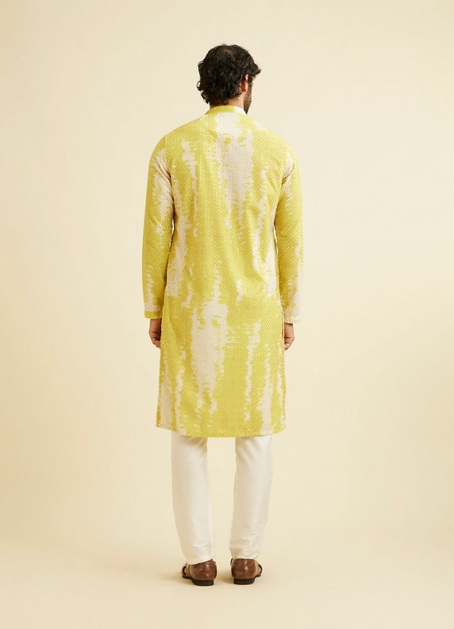 Manyavar Men Mustard Yellow Chikankari Patterned Kurta Set with Tie Dye Print