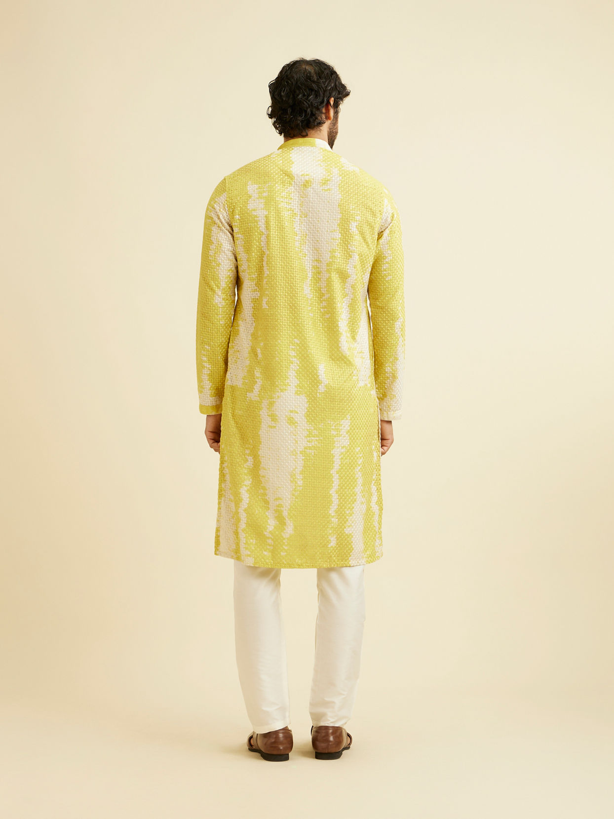Manyavar Men Mustard Yellow Chikankari Patterned Kurta Set with Tie Dye Print