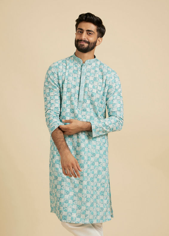 Manyavar Men Aqua Green Chikankari Print Kurta Set
