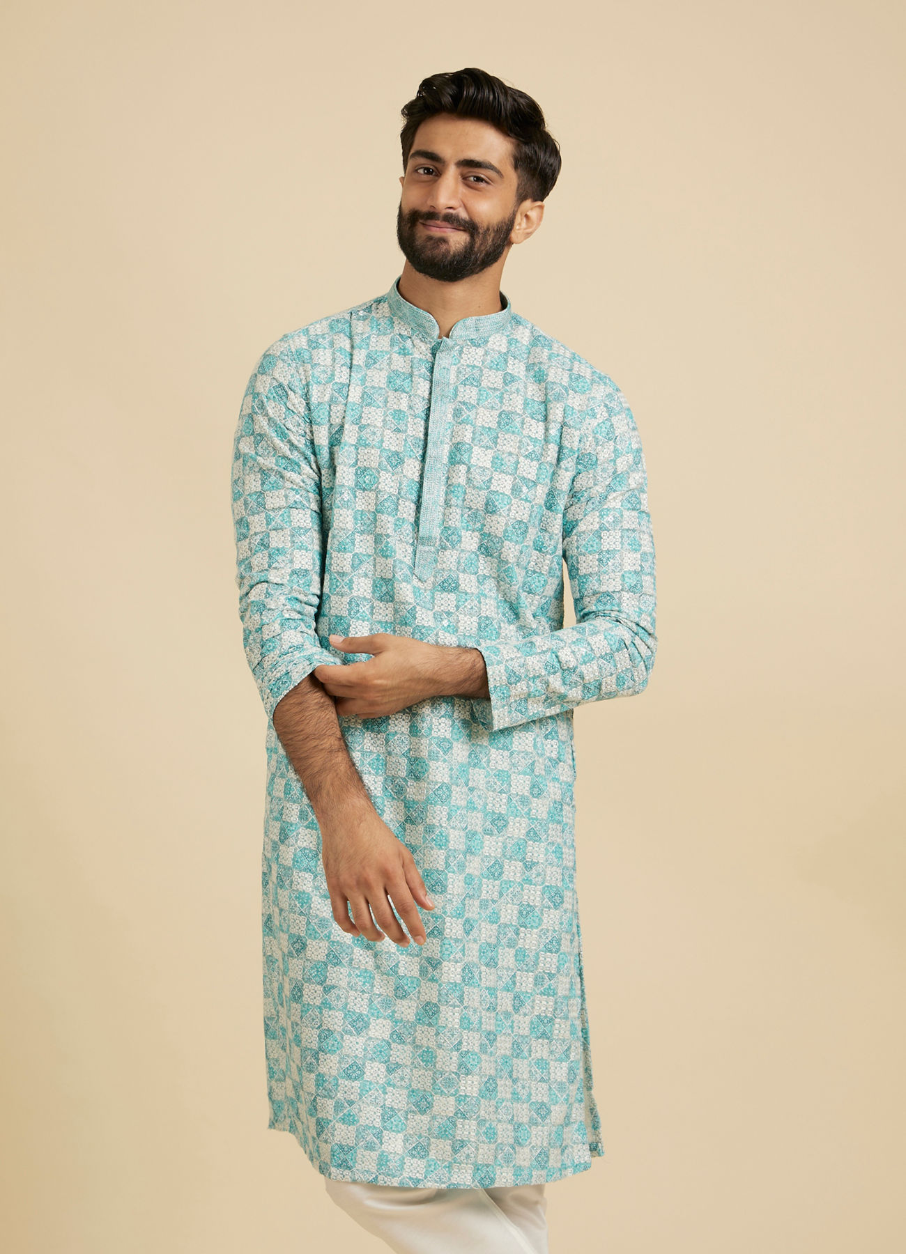 Manyavar Men Aqua Green Chikankari Print Kurta Set