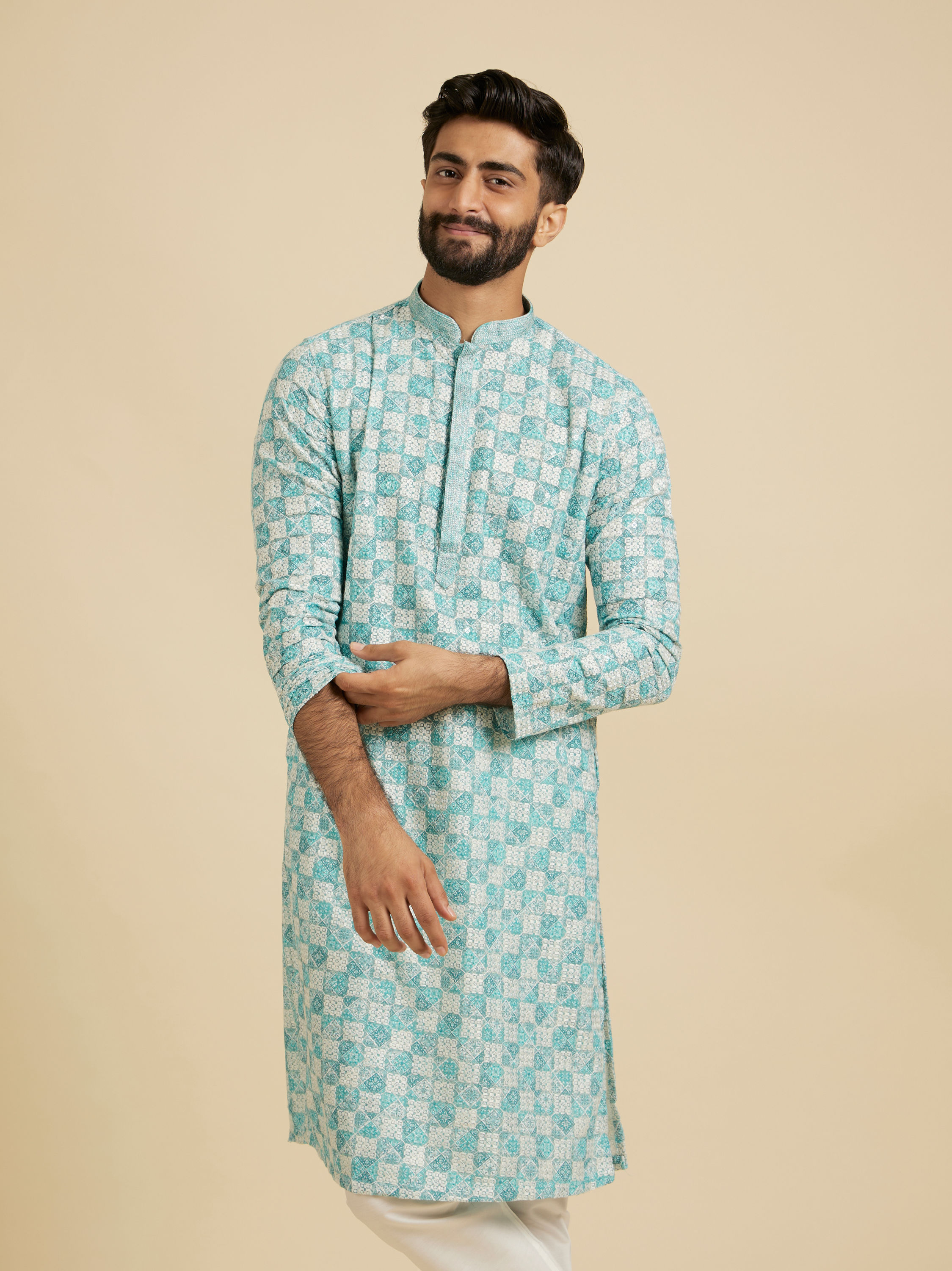 Manyavar Men Aqua Green Chikankari Print Kurta Set