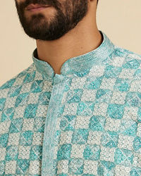 Manyavar Men Aqua Green Chikankari Print Kurta Set