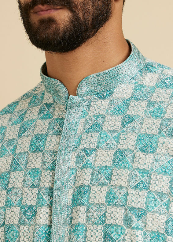 Manyavar Men Aqua Green Chikankari Print Kurta Set