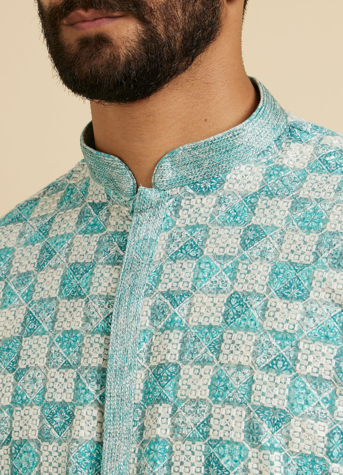 Manyavar Men Aqua Green Chikankari Print Kurta Set
