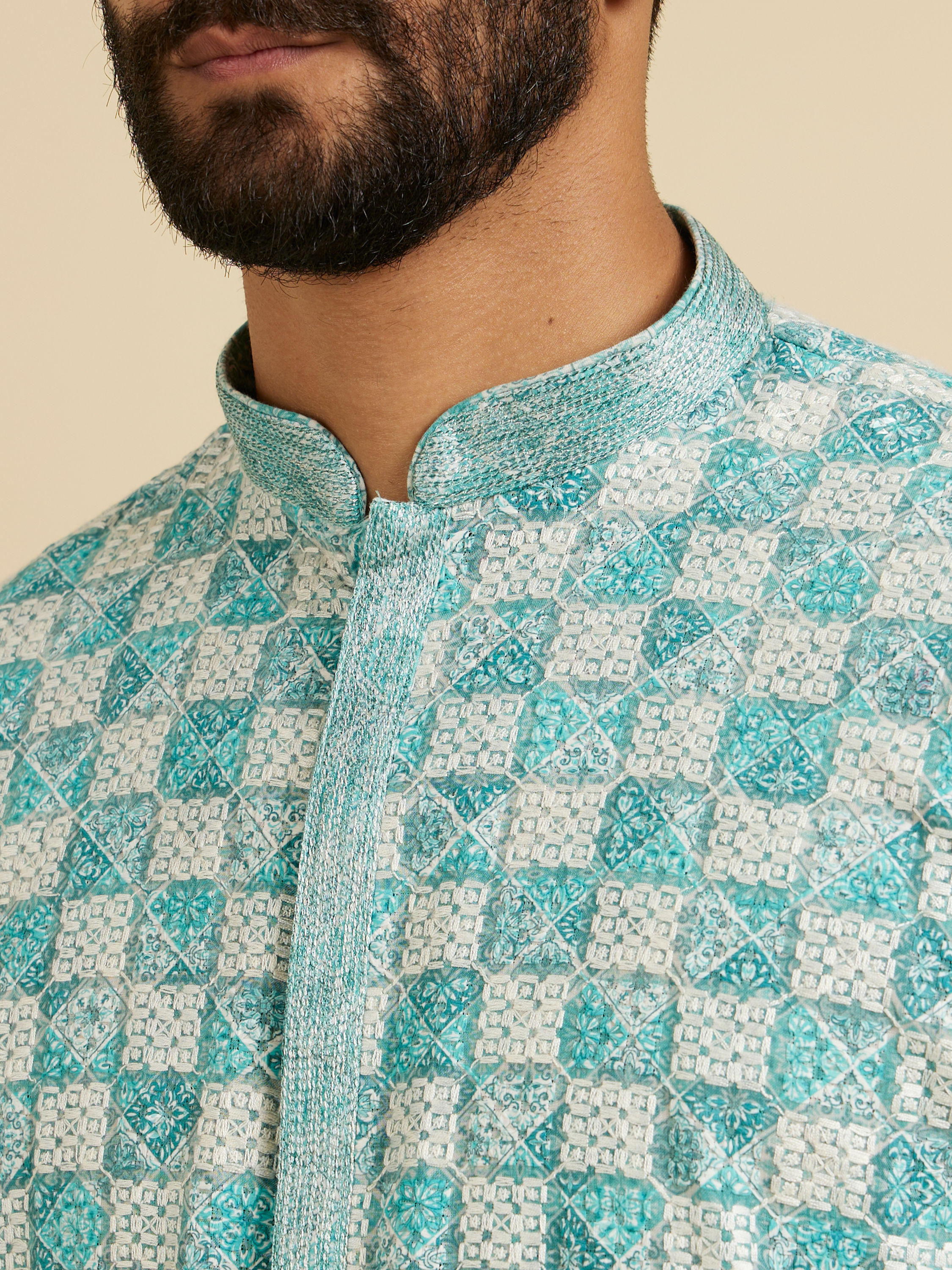 Manyavar Men Aqua Green Chikankari Print Kurta Set