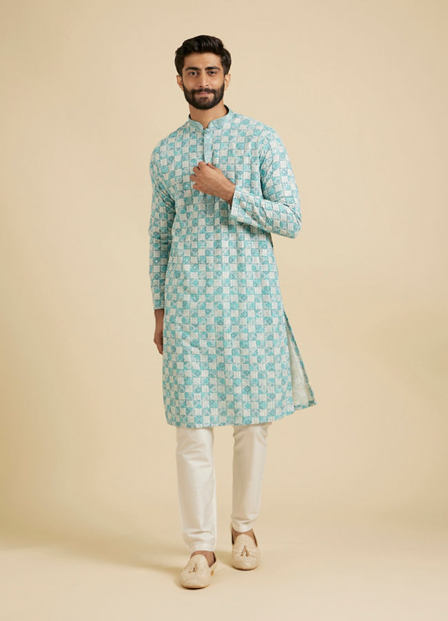 Manyavar Men Aqua Green Chikankari Print Kurta Set
