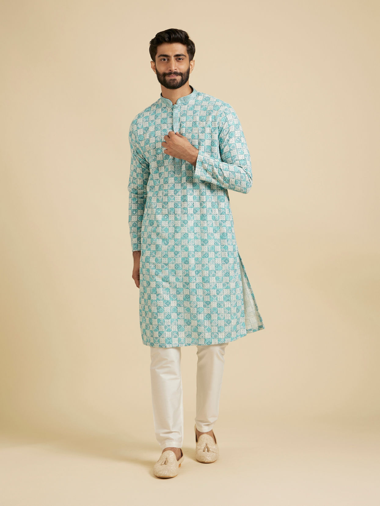 Manyavar Men Aqua Green Chikankari Print Kurta Set