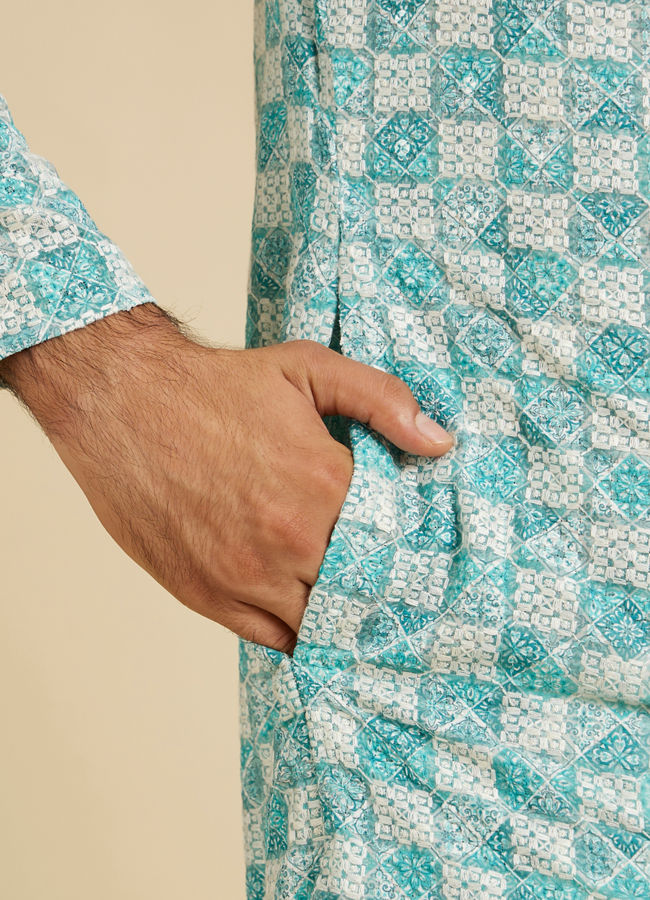 Manyavar Men Aqua Green Chikankari Print Kurta Set