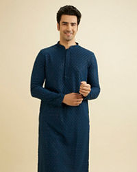 Manyavar Men Teal Blue Chikankari Kurta Set with Sequin Work