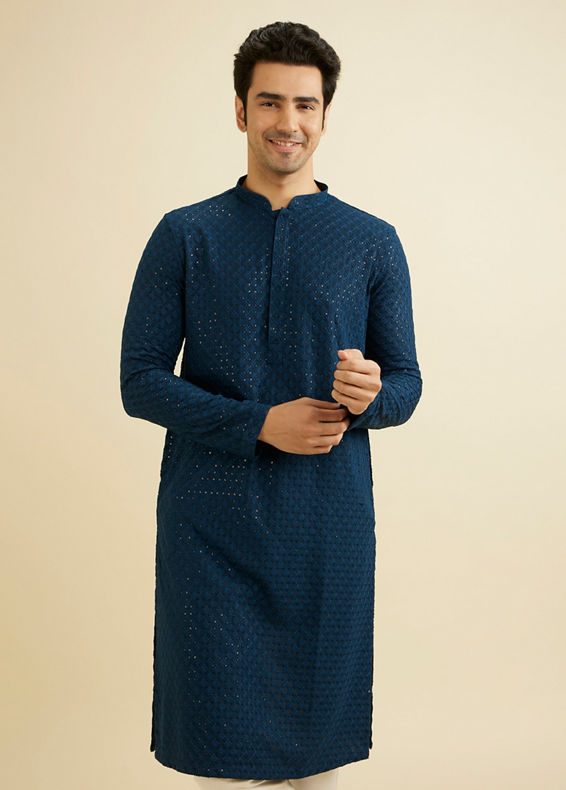 Manyavar Men Teal Blue Chikankari Kurta Set with Sequin Work