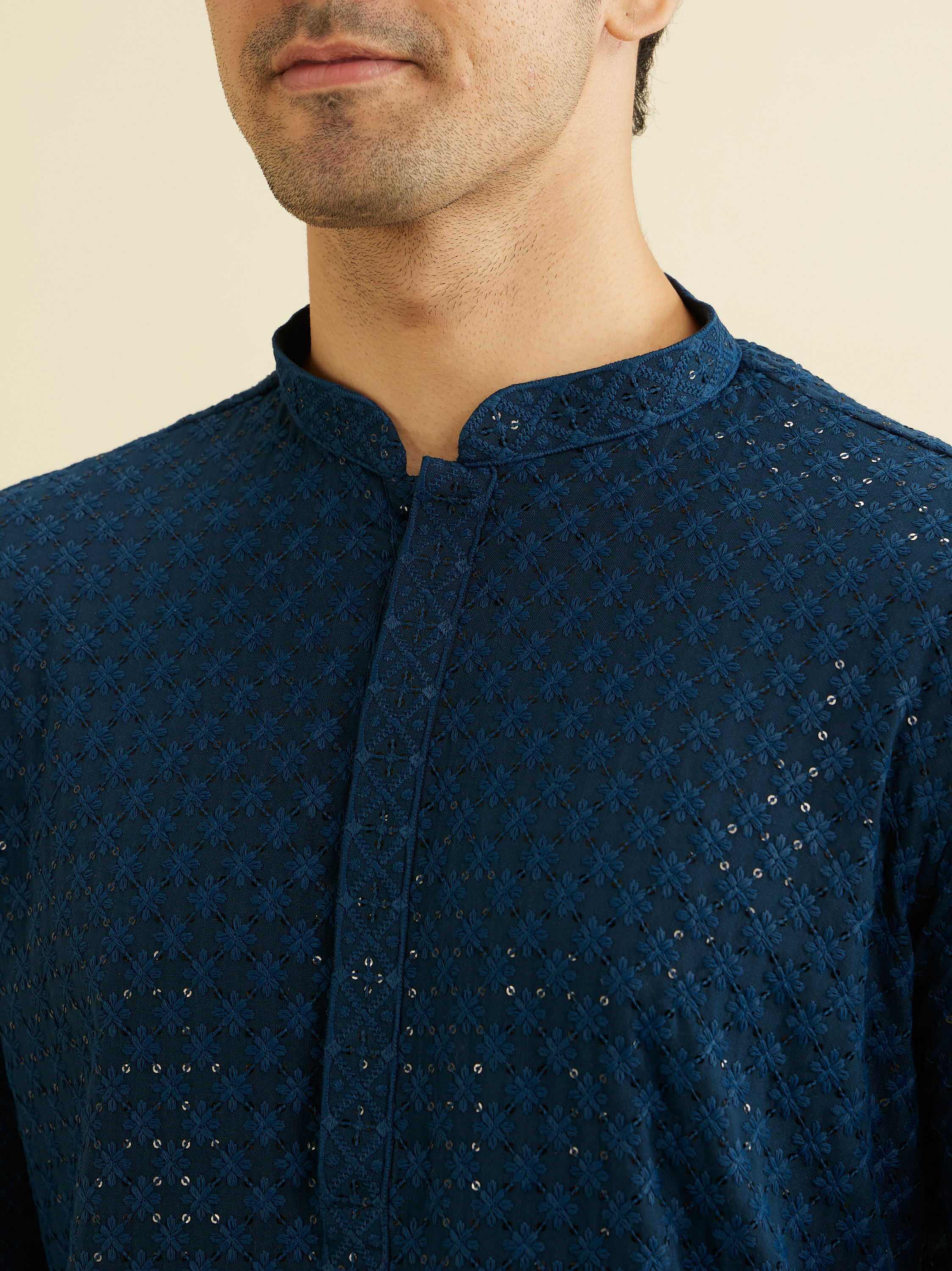 Manyavar Men Teal Blue Chikankari Kurta Set with Sequin Work