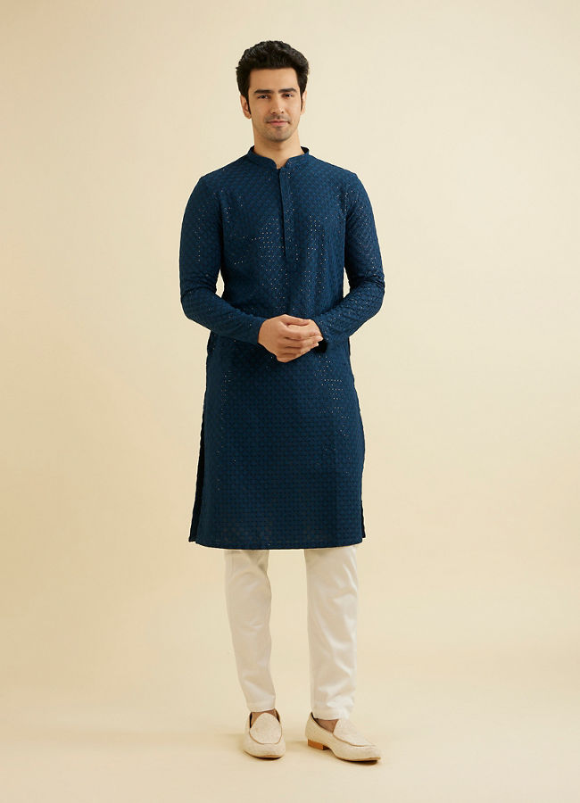 Manyavar Men Teal Blue Chikankari Kurta Set with Sequin Work