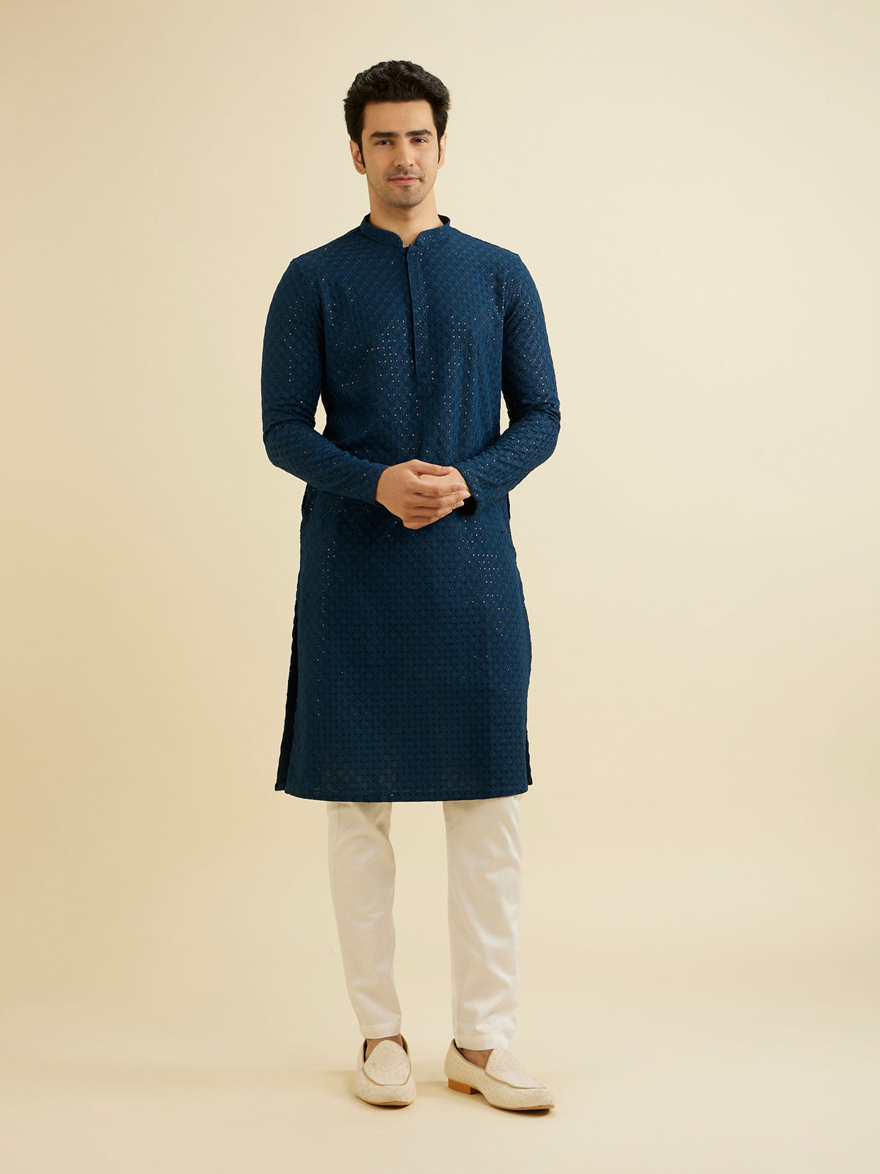 Manyavar Men Teal Blue Chikankari Kurta Set with Sequin Work