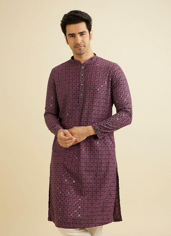 Manyavar Men Wine Red Chikankari Kurta Set with Sequin Work image number 0