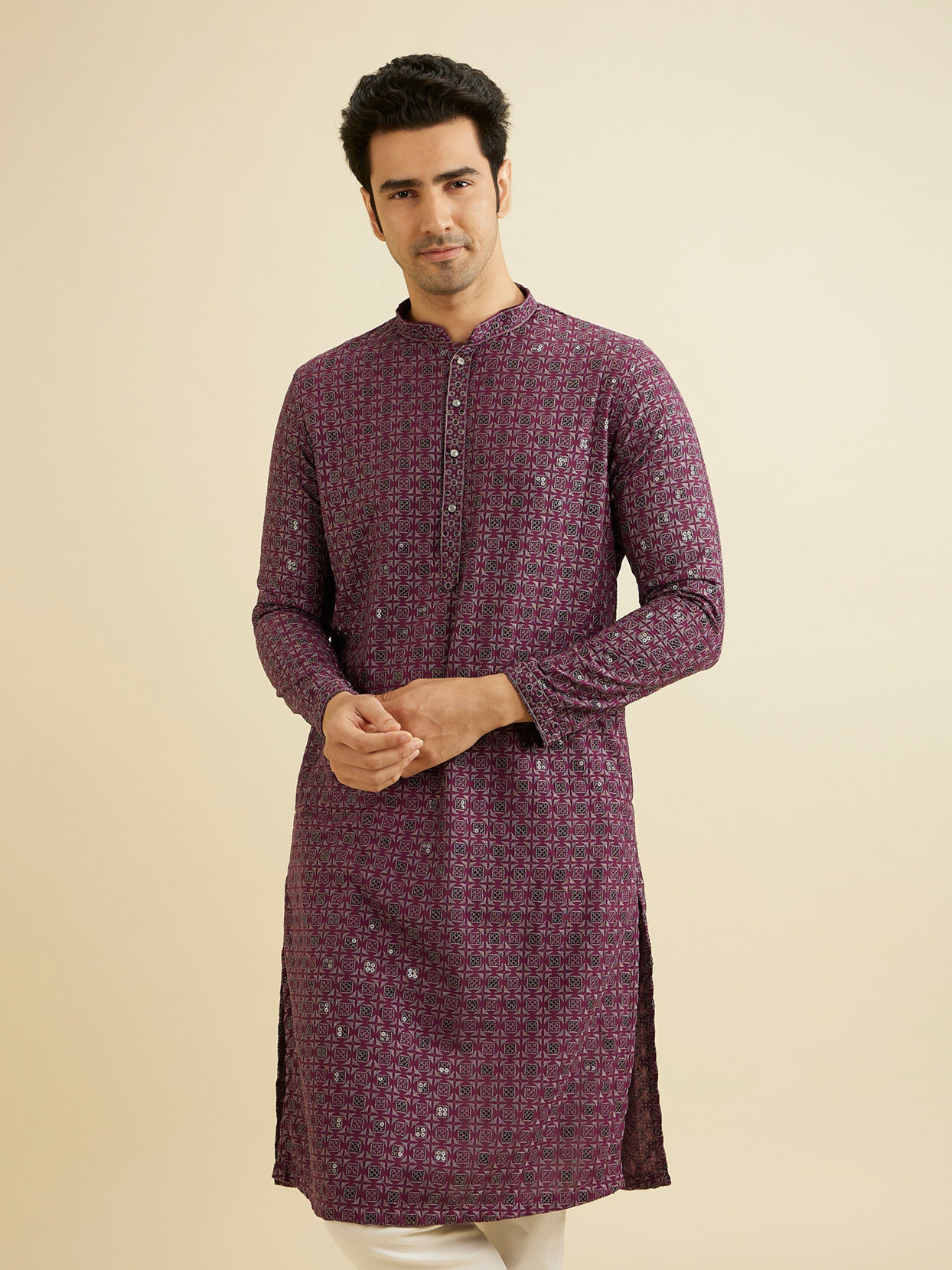 Manyavar Men Wine Red Chikankari Kurta Set with Sequin Work