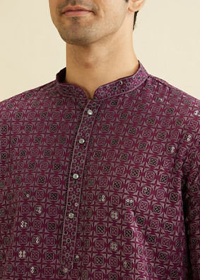 Manyavar Men Wine Red Chikankari Kurta Set with Sequin Work