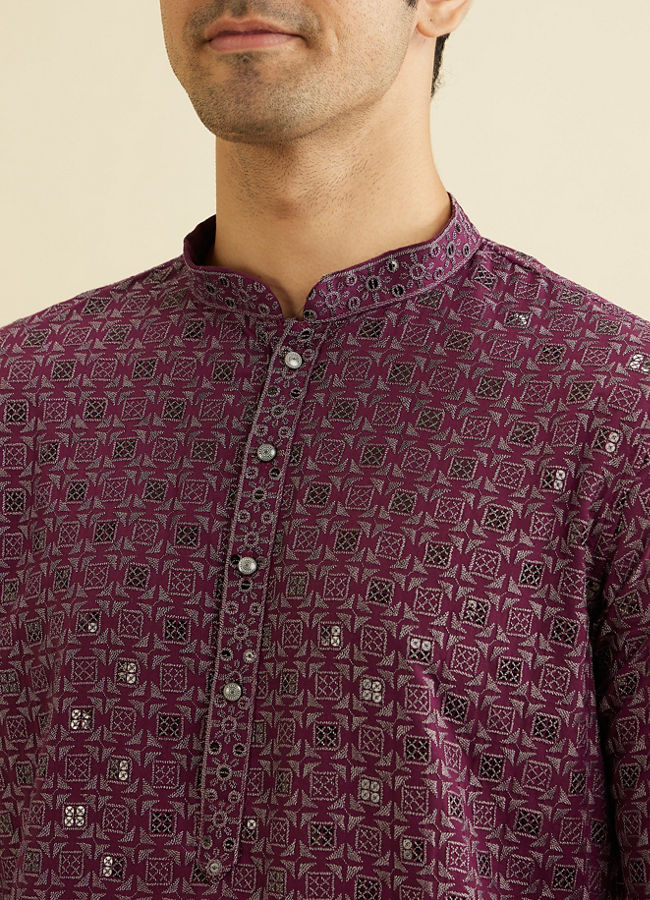 Manyavar Men Wine Red Chikankari Kurta Set with Sequin Work