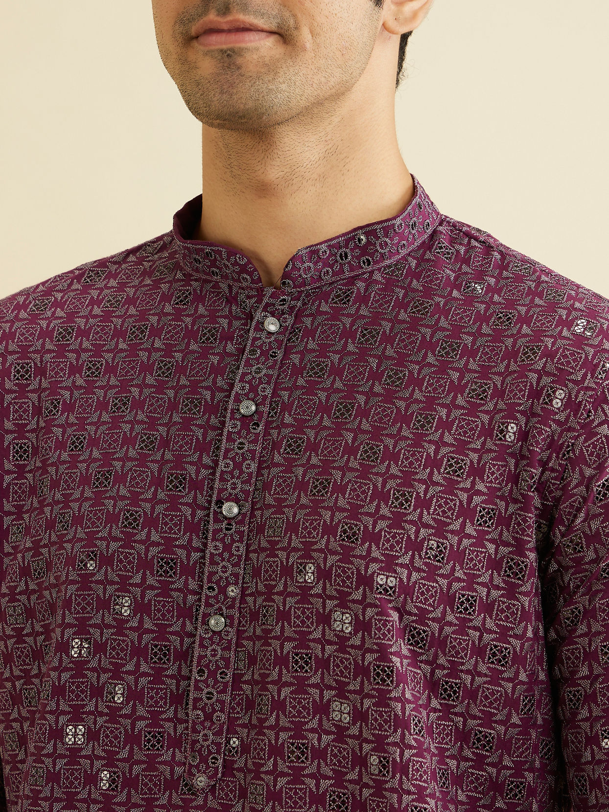 Manyavar Men Wine Red Chikankari Kurta Set with Sequin Work