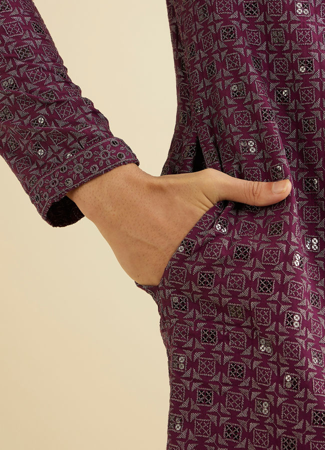 Manyavar Men Wine Red Chikankari Kurta Set with Sequin Work