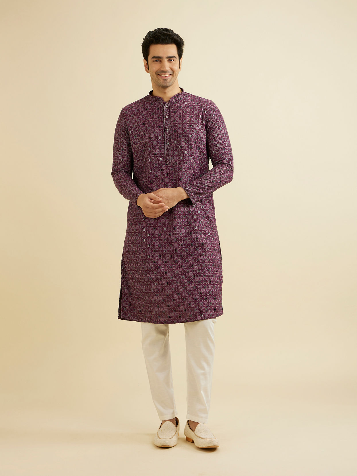 Manyavar Men Wine Red Chikankari Kurta Set with Sequin Work image number 3