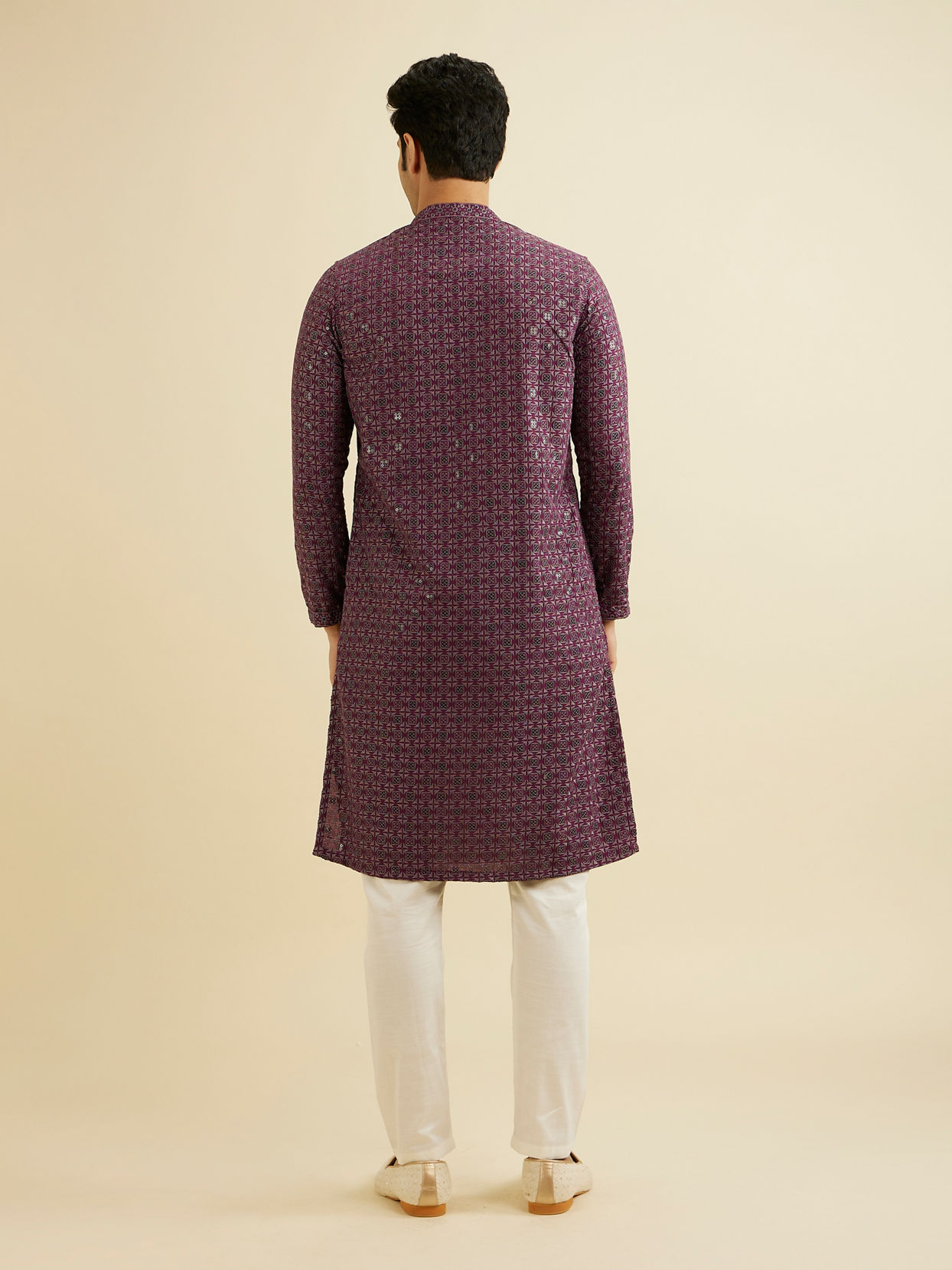 Manyavar Men Wine Red Chikankari Kurta Set with Sequin Work image number 5