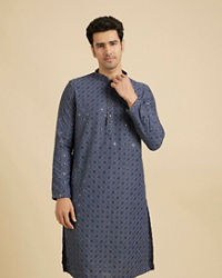 Manyavar Men Oxford Blue Chikankari Kurta Set with Sequin Work