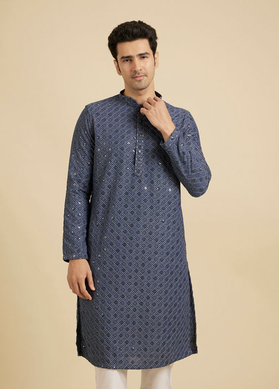 Manyavar Men Oxford Blue Chikankari Kurta Set with Sequin Work