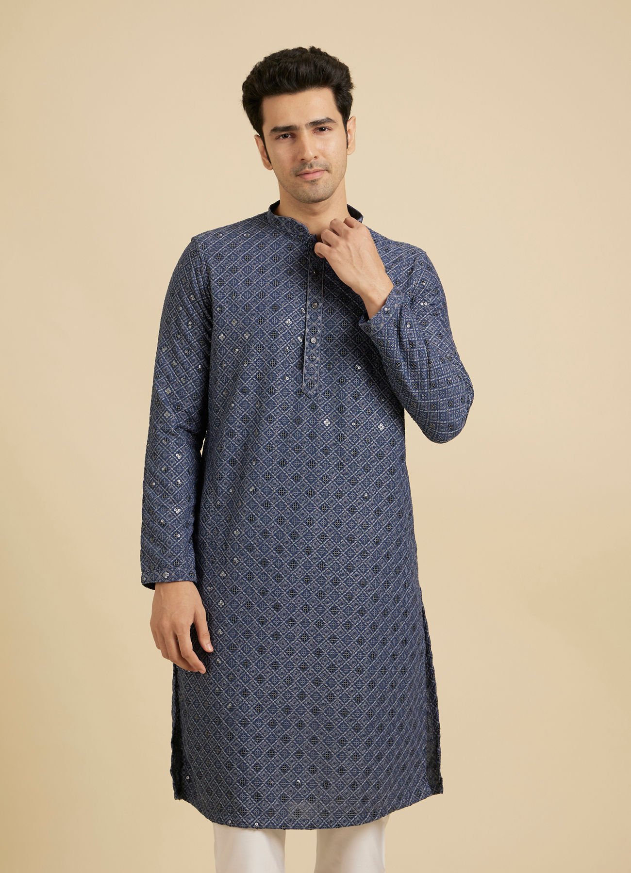 Manyavar Men Oxford Blue Chikankari Kurta Set with Sequin Work