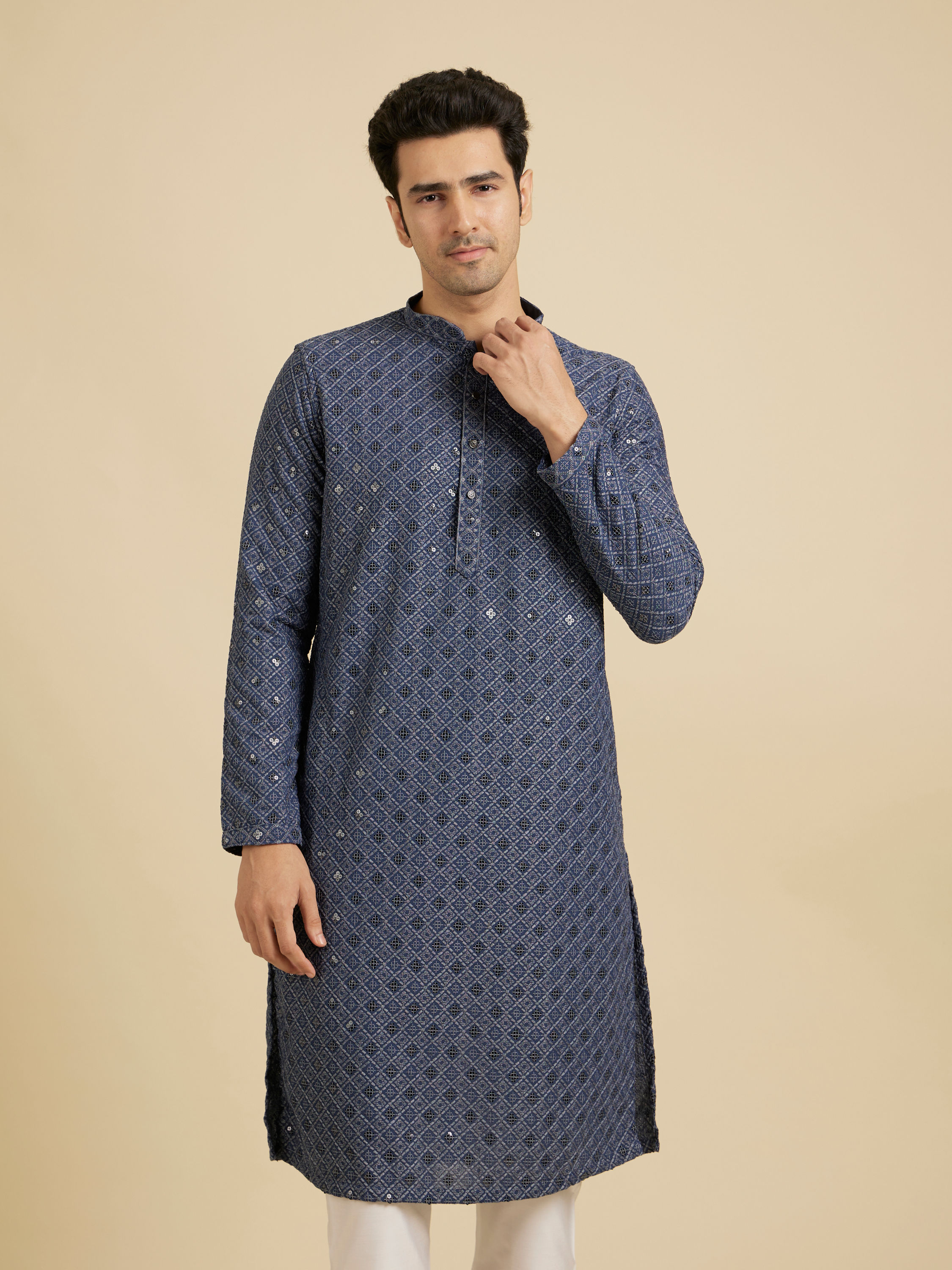 Manyavar Men Oxford Blue Chikankari Kurta Set with Sequin Work