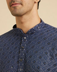 Manyavar Men Oxford Blue Chikankari Kurta Set with Sequin Work