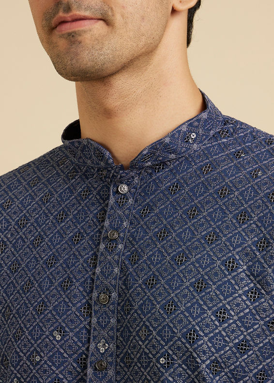 Manyavar Men Oxford Blue Chikankari Kurta Set with Sequin Work