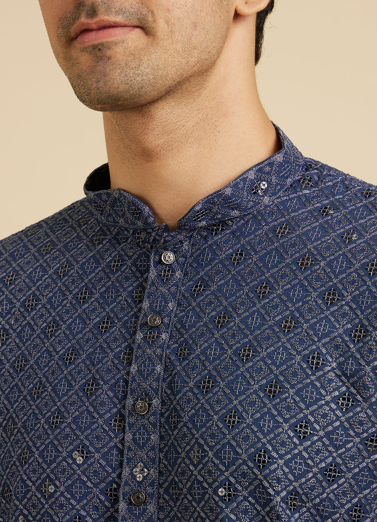 Manyavar Men Oxford Blue Chikankari Kurta Set with Sequin Work