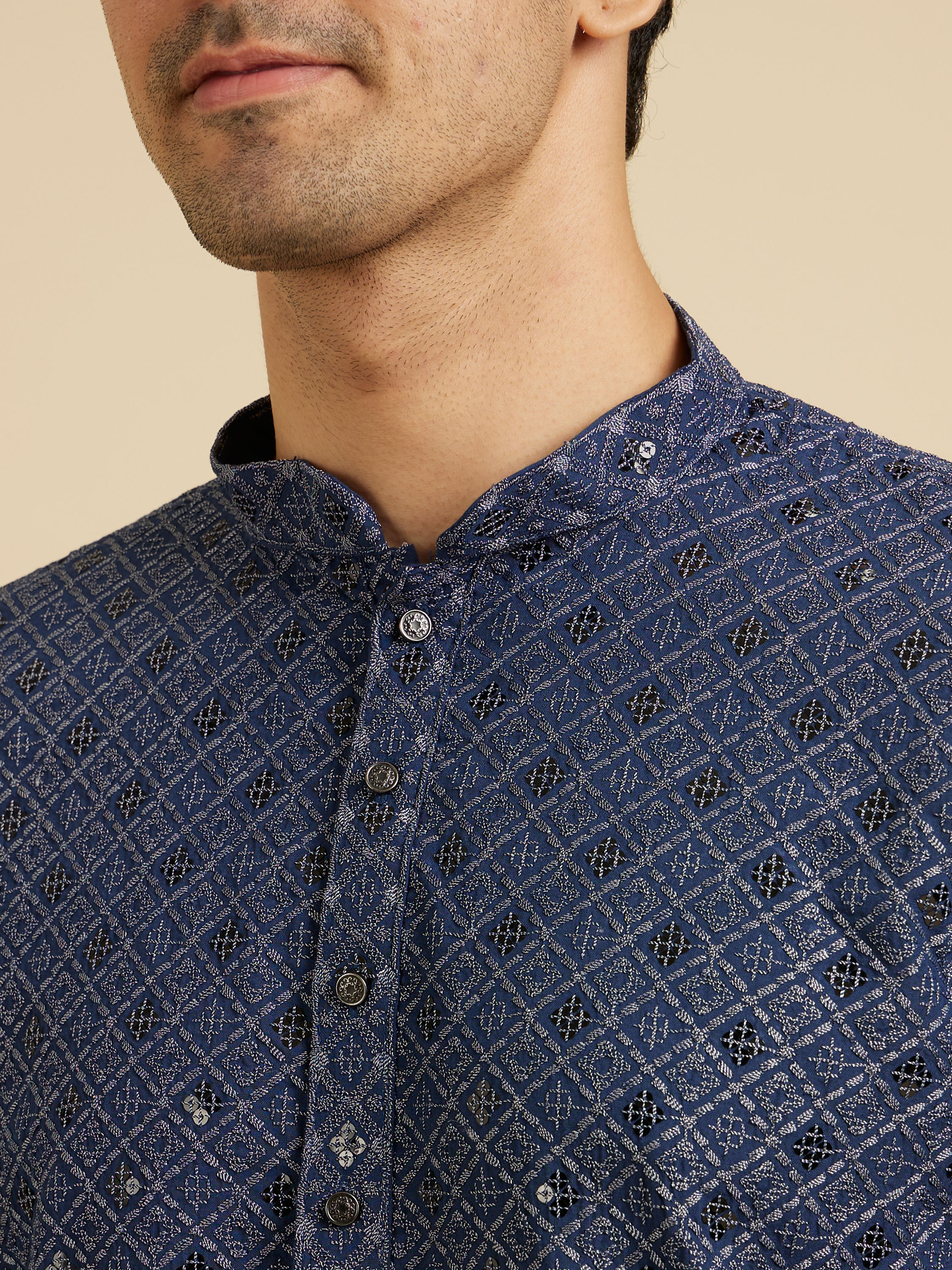 Manyavar Men Oxford Blue Chikankari Kurta Set with Sequin Work