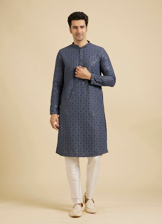 Manyavar Men Oxford Blue Chikankari Kurta Set with Sequin Work