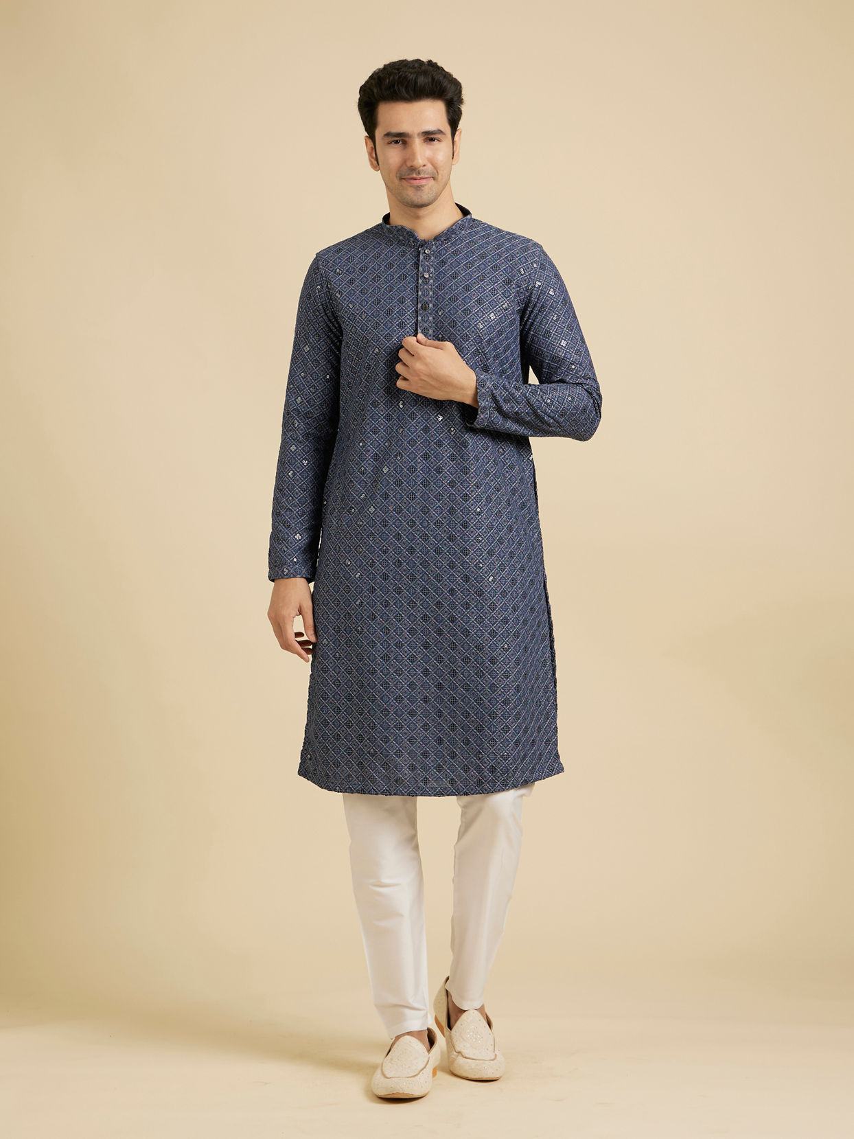 Manyavar Men Oxford Blue Chikankari Kurta Set with Sequin Work