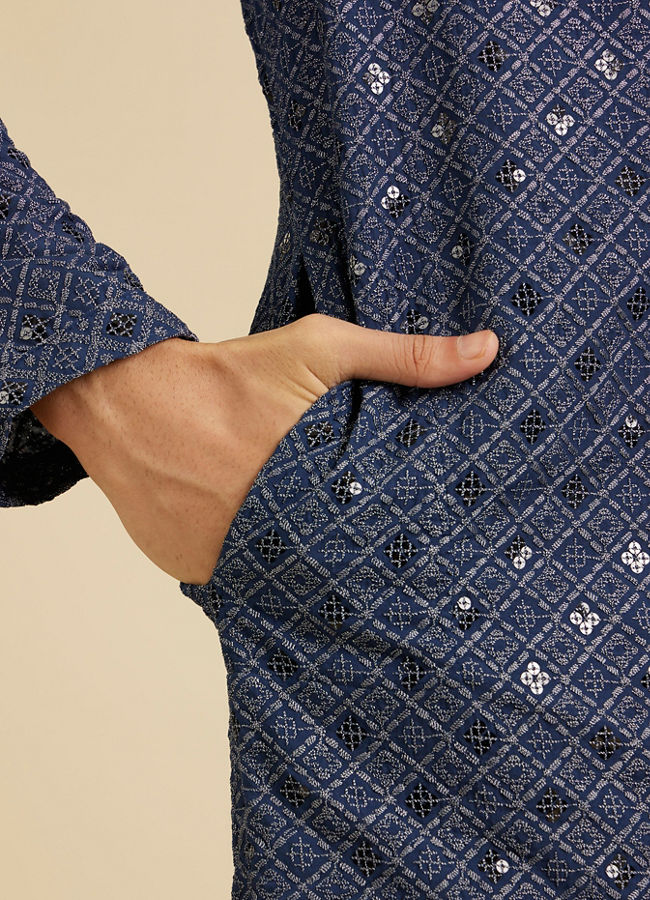 Manyavar Men Oxford Blue Chikankari Kurta Set with Sequin Work